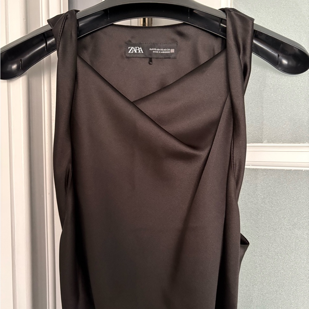Zara Black Stretch Satin Ruched Fitted Maxi Cocktail Dress – Size XS - Picture 3 of 8